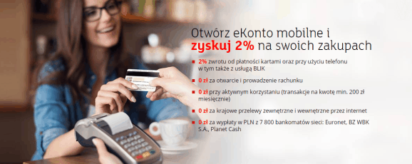 eKonto mobilne zwrot 2%, 50 zł miesięcznie do 300 zł