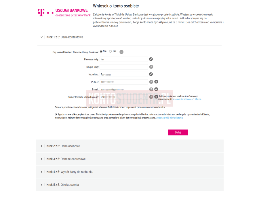 Jak otworzyć darmowe T-Mobile konto – krok 1